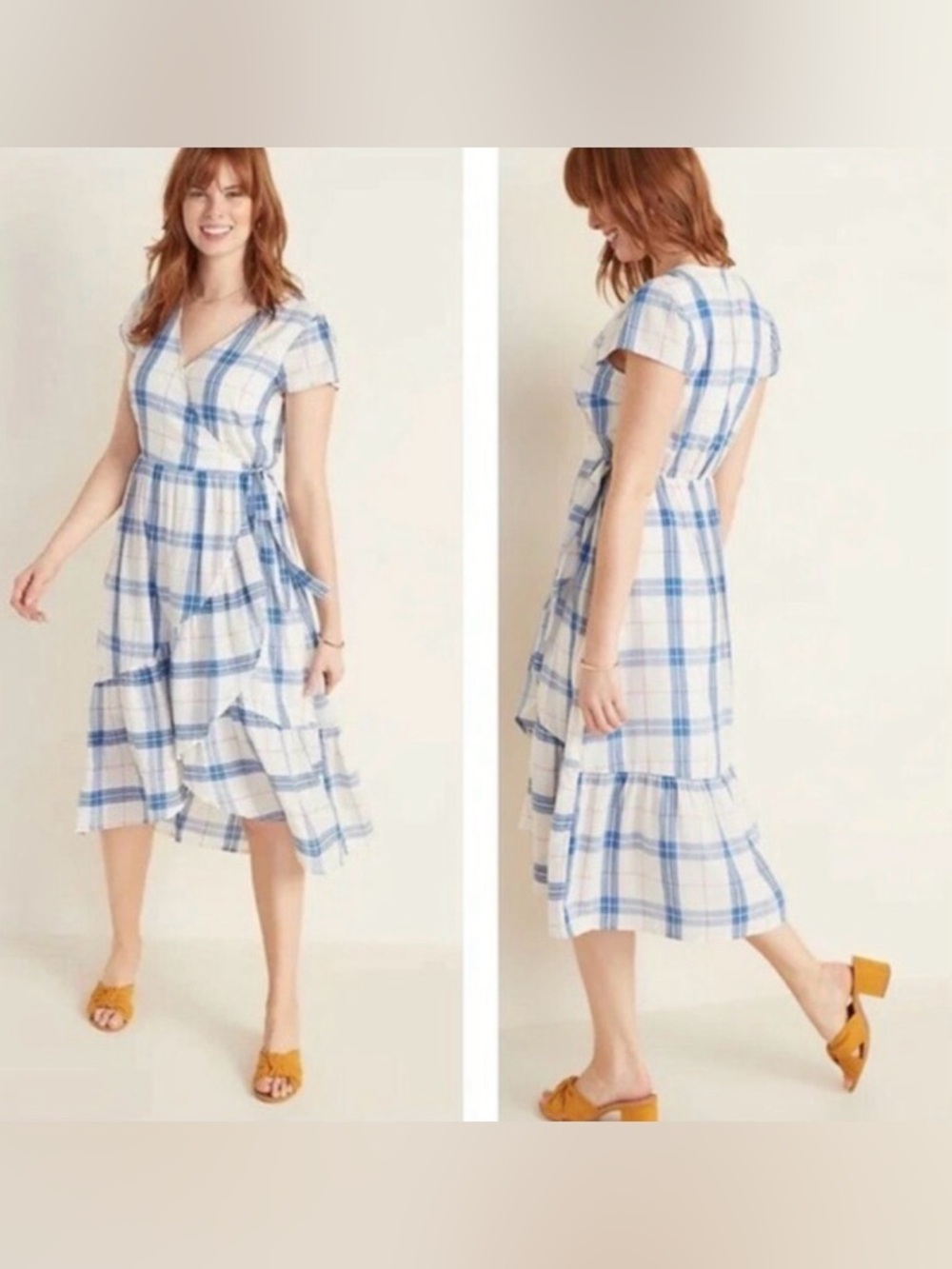 Old Navy Cottagcore Plaid Ruffle Dress Medium Midi Faux Wrap Country‎ Peasant